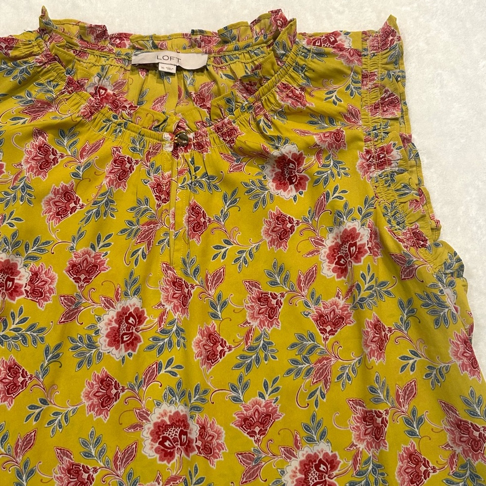 Loft blouse sleeveless shell top mustard yellow pink floral print women’s XL
